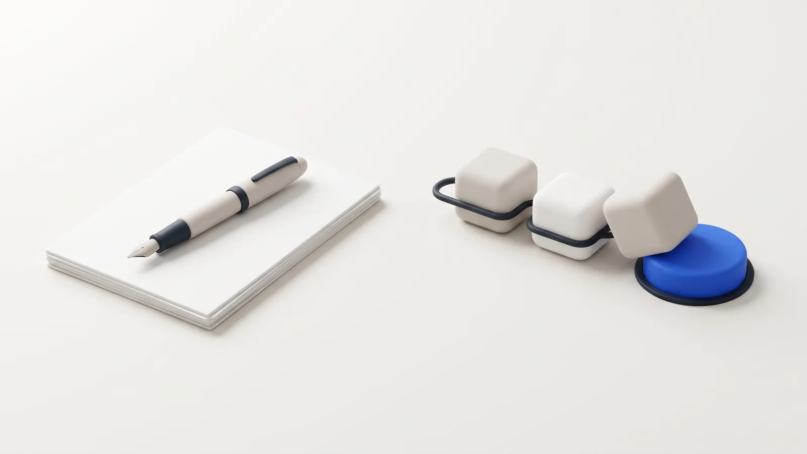 Illustration: a pen on a stack of paper beside a chain of blocks pressing a button, contrasting content generation with an agent taking action