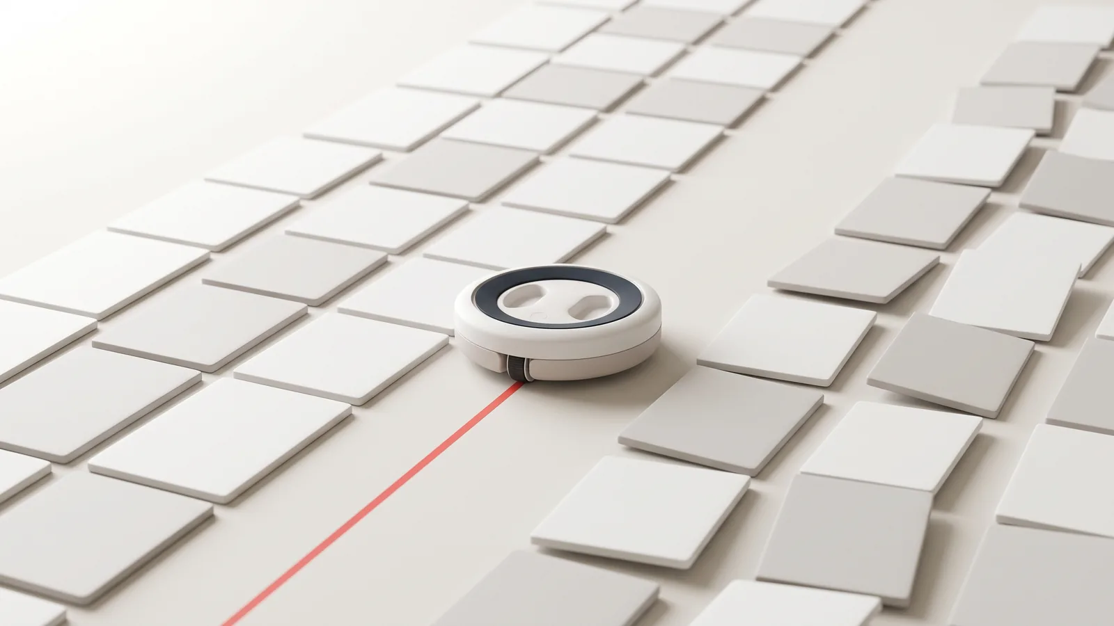 Illustration: a small autonomous disc straightening page tiles as it moves, leaving a coloured trail, representing an SEO agent
