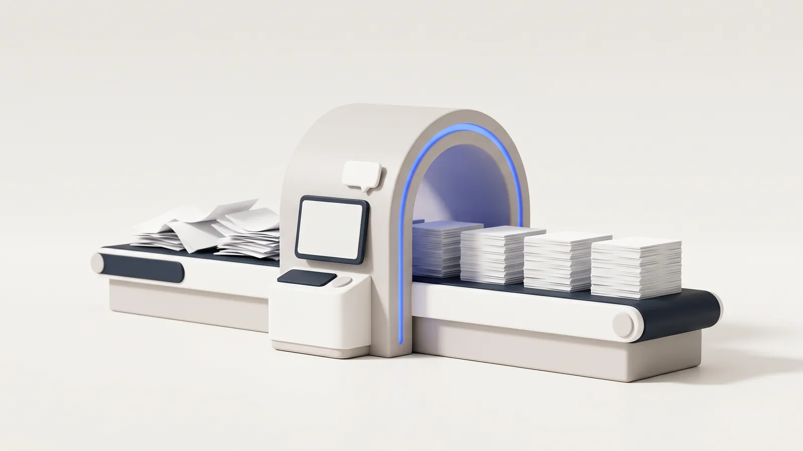 Illustration: a conveyor belt carrying messy documents through a machine and out as neat stacks, representing workflow automation