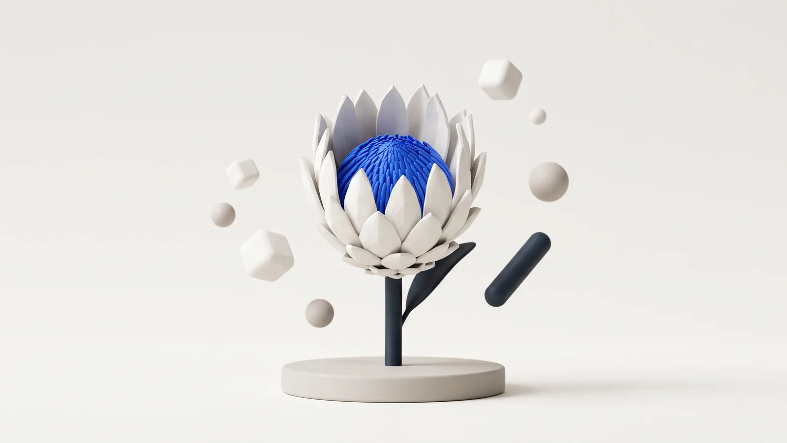 Illustration: a sculptural protea flower with geometric shapes floating around it, representing South Africa's AI companies