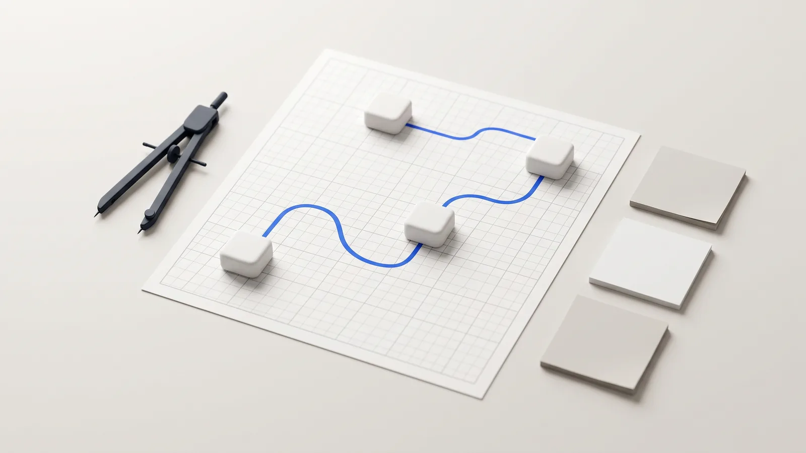Illustration: a blueprint grid with sticky notes, compasses and a coloured route connecting blocks, representing an AI roadmap