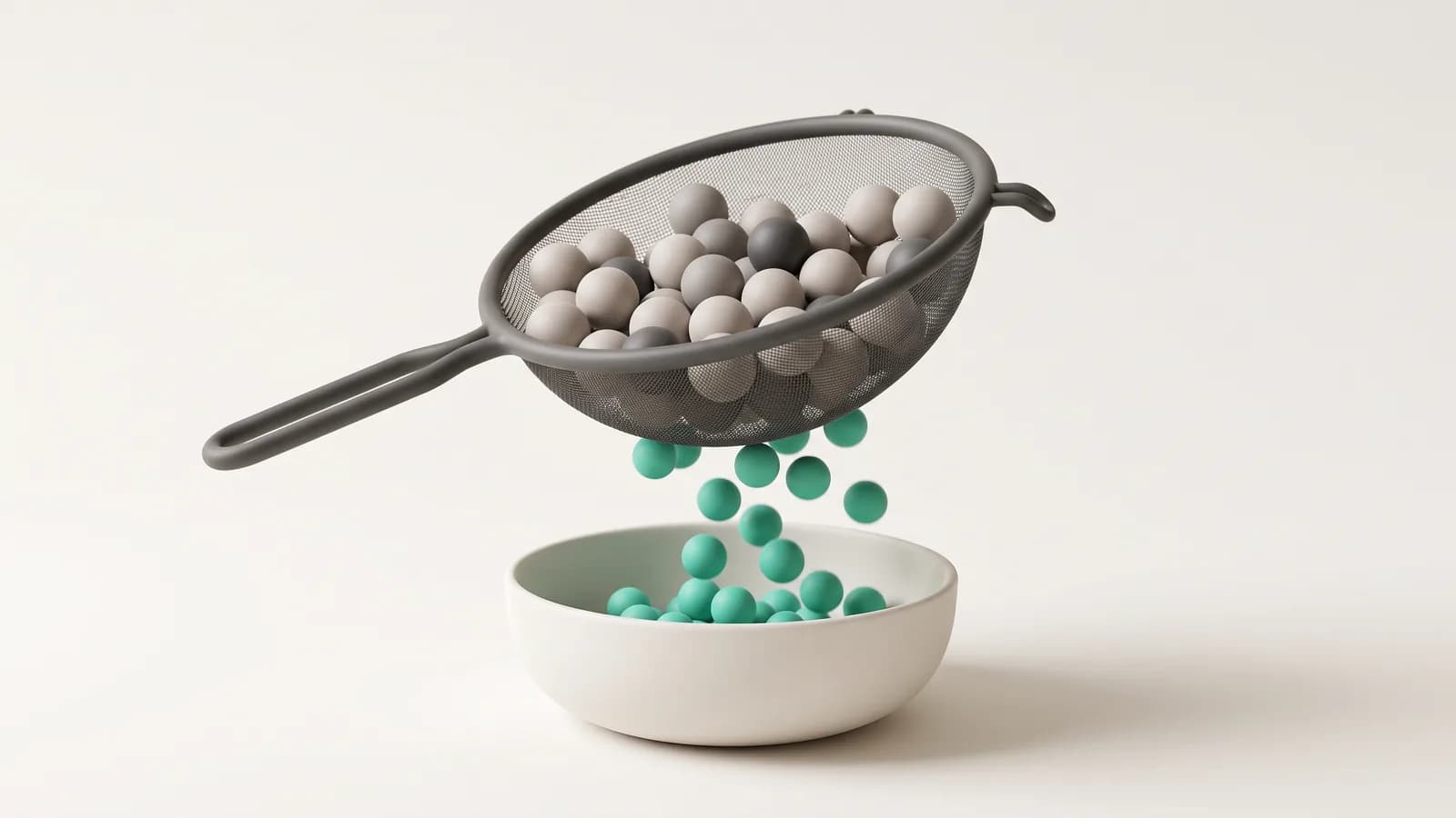 Illustration: a sieve letting only coloured spheres fall into a bowl, representing lead qualification