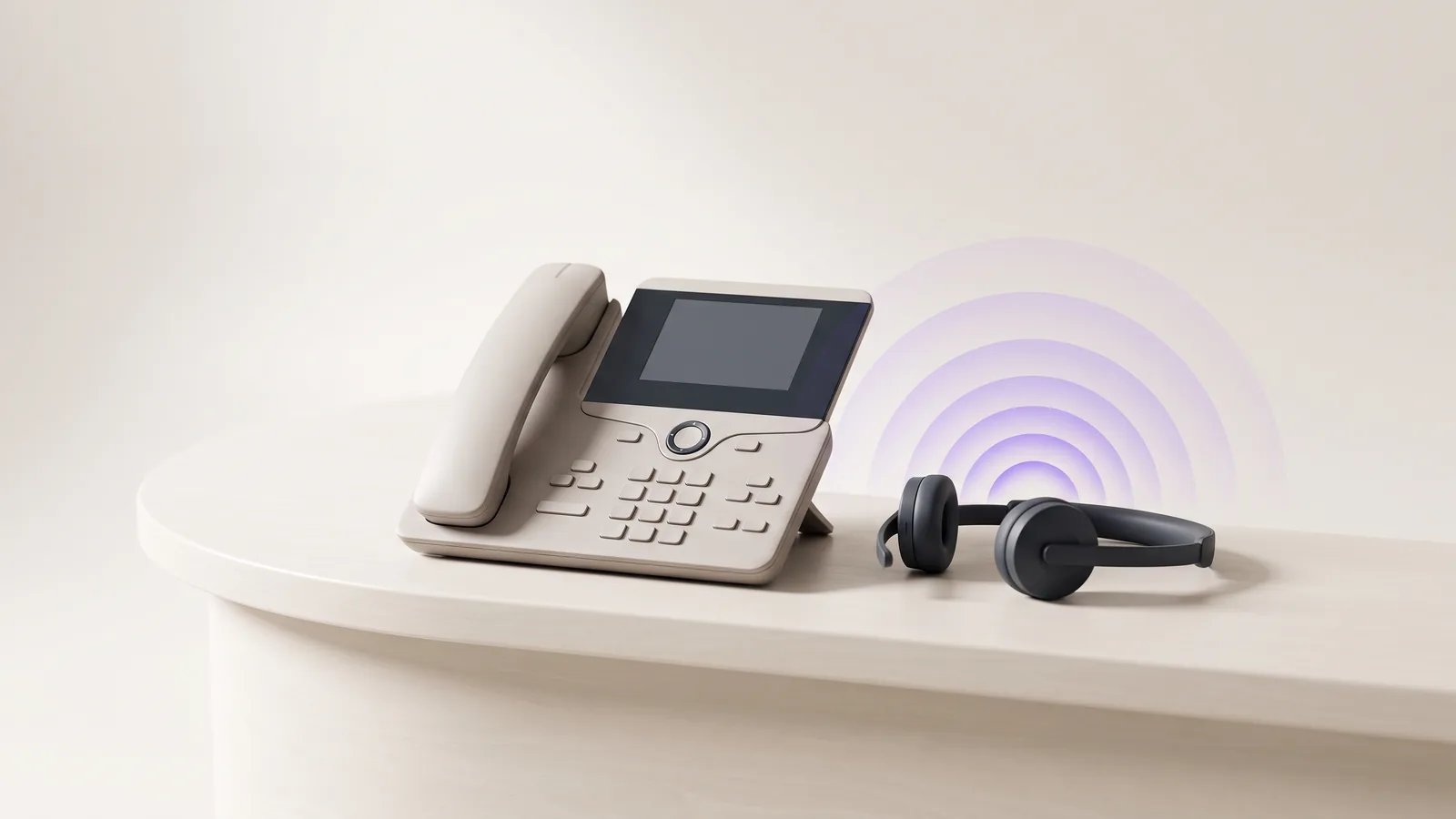Illustration: a desk phone and headset on a reception counter with sound waves rising, representing an AI receptionist