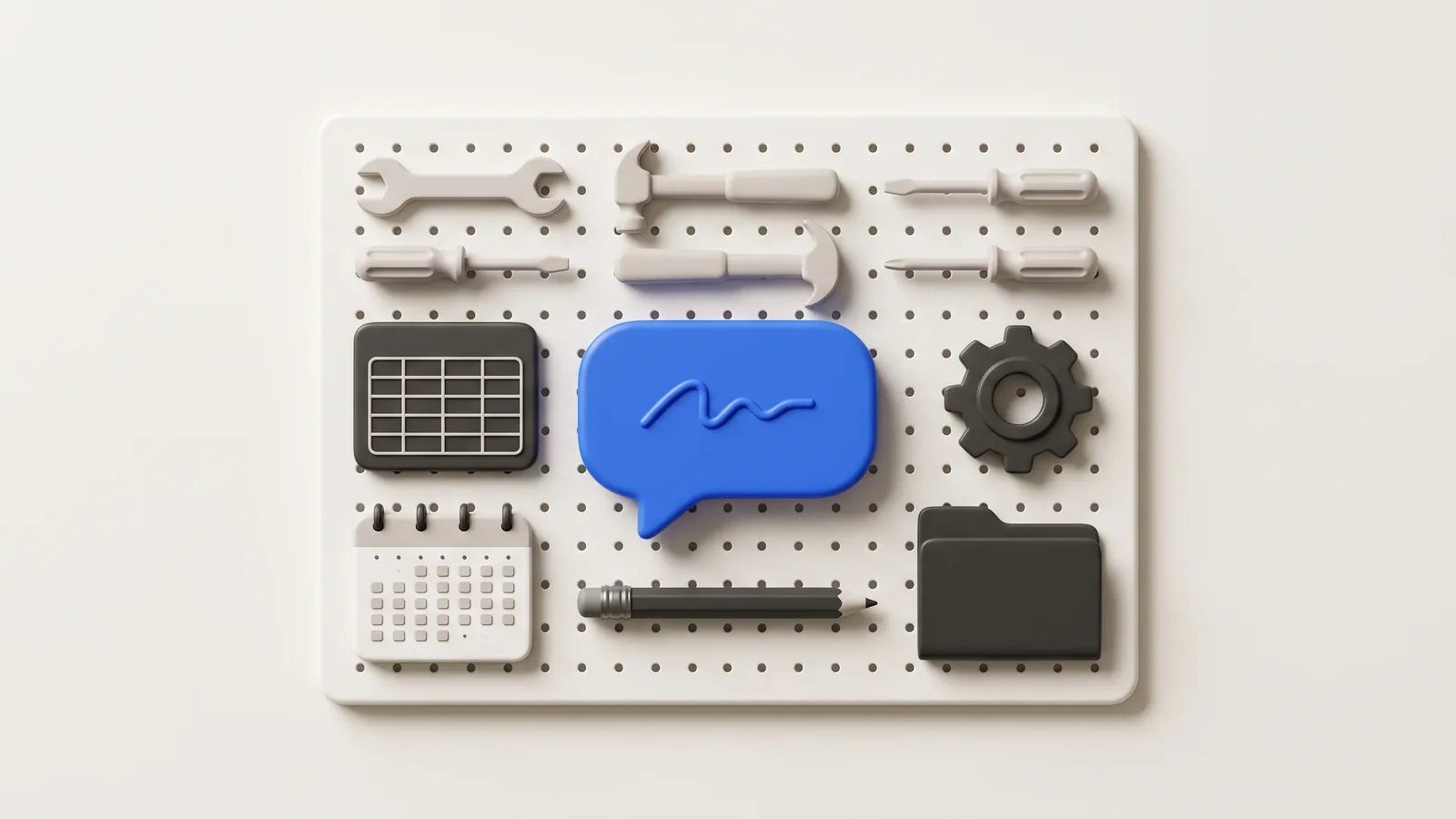 Illustration: a pegboard of rounded tool shapes including a chat bubble, spreadsheet, calendar, pencil and gear