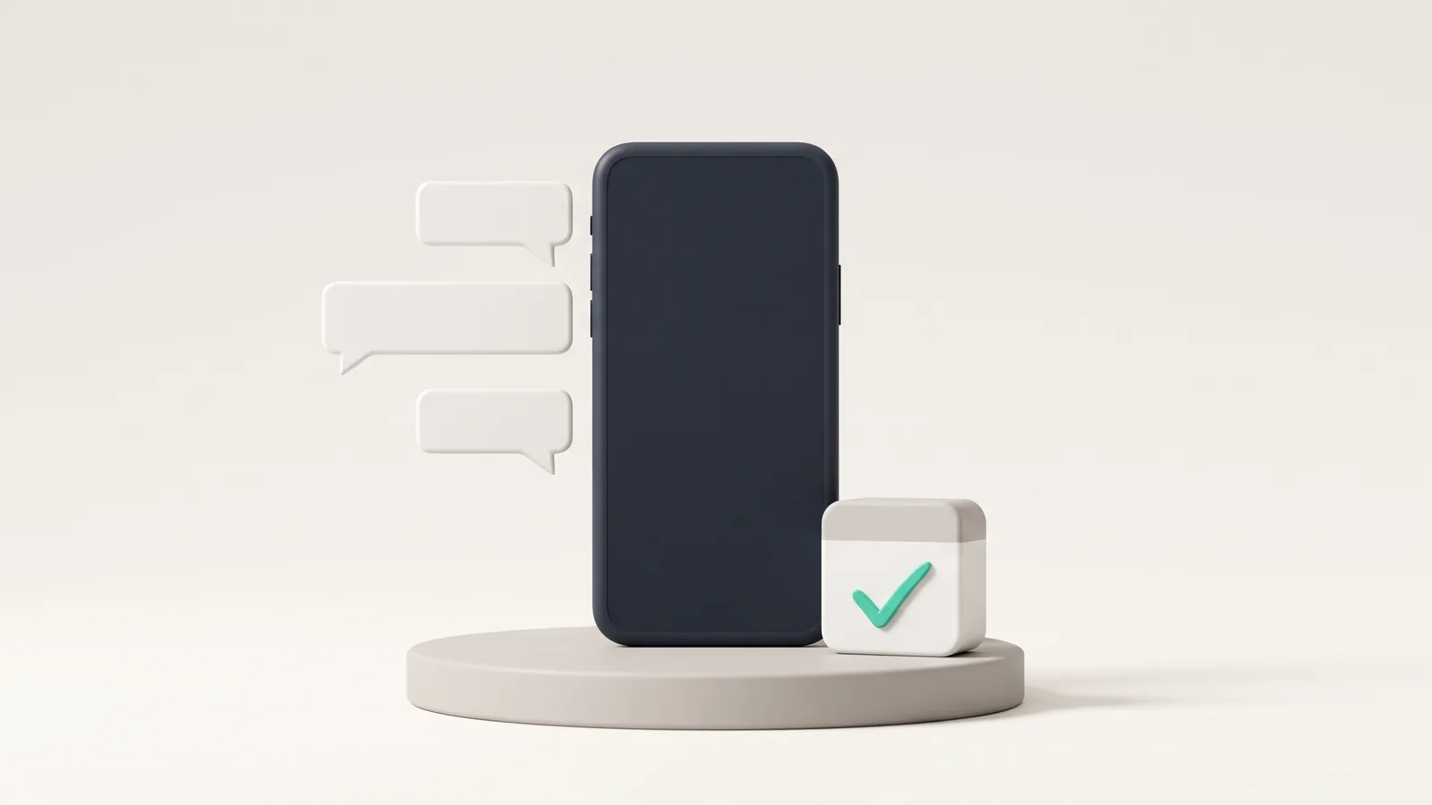 Illustration: a phone on a plinth with chat bubbles and a calendar block with a tick, representing a sales agent booking an appointment
