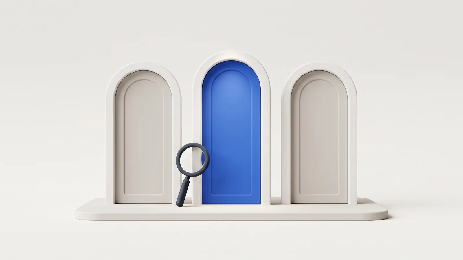 Illustration: three archway doors with the middle one lit and a magnifying glass leaning on it, representing choosing an agency