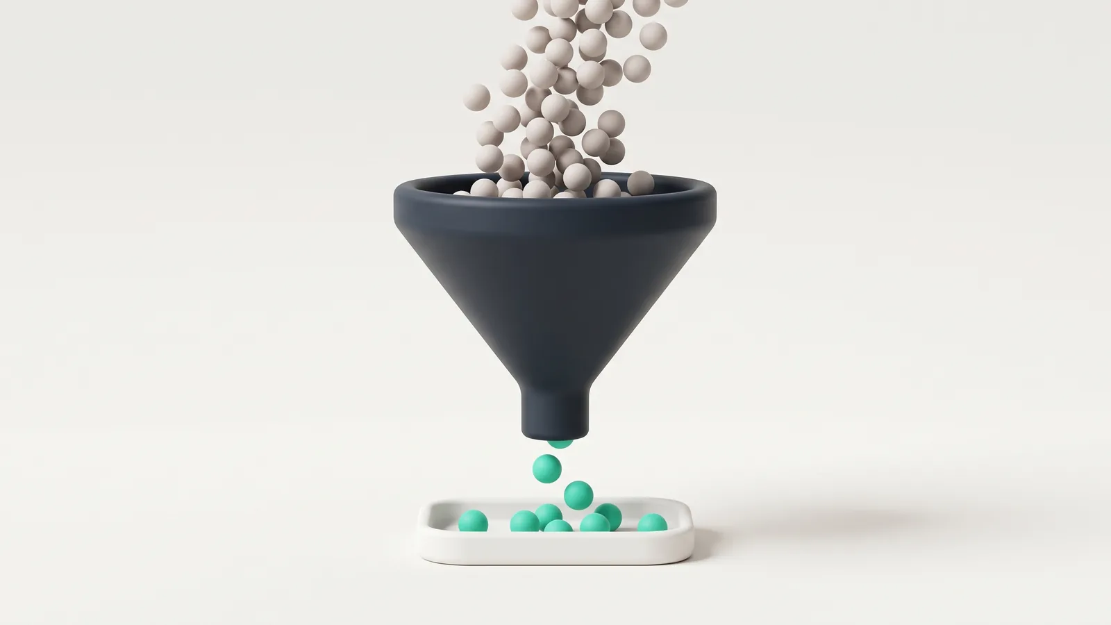 Illustration: grey spheres pouring into a funnel and a few coloured spheres coming out, representing a lead funnel