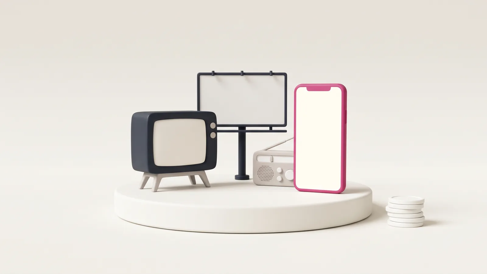 Illustration: a TV, billboard, radio and smartphone on a turntable beside a stack of coins, representing a media budget