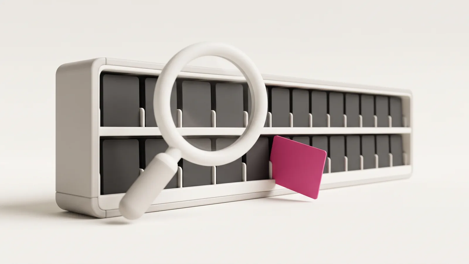 Illustration: an archive shelf of blank cards with a magnifying glass pulling one card out, representing an ad library search