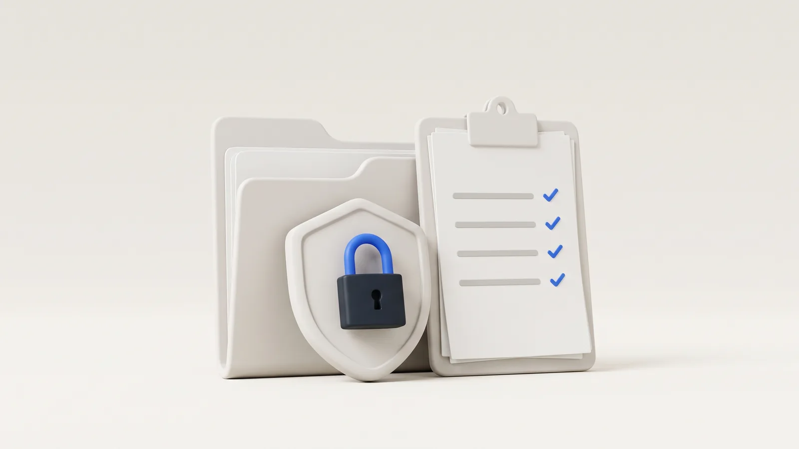 Illustration: a folder behind a shield with a padlock and a clipboard of tick marks, representing data protection compliance