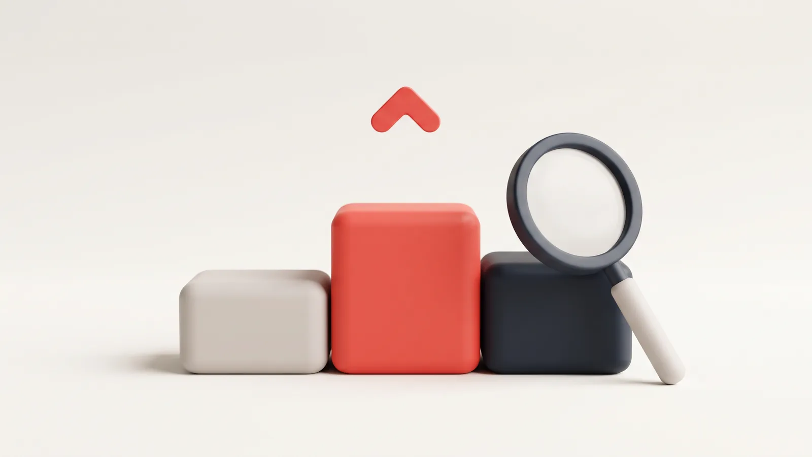 Illustration: three podium blocks with the tallest coloured, a magnifying glass and an upward arrow, representing search rankings