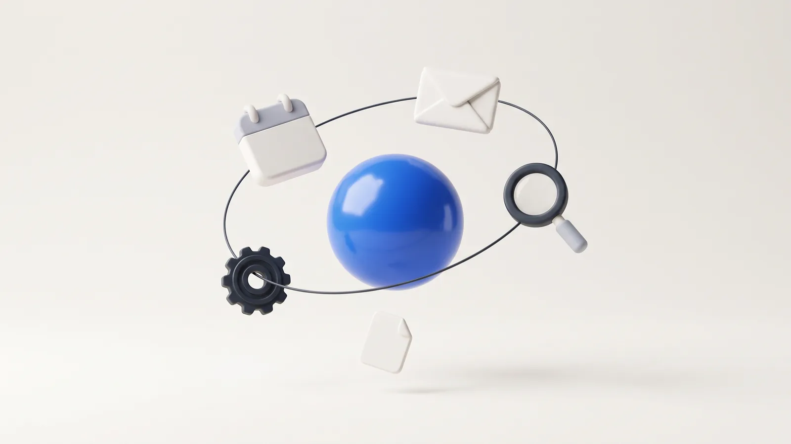 Illustration: a central sphere connected to a calendar, envelope, lens, gear and document, representing an AI agent using tools