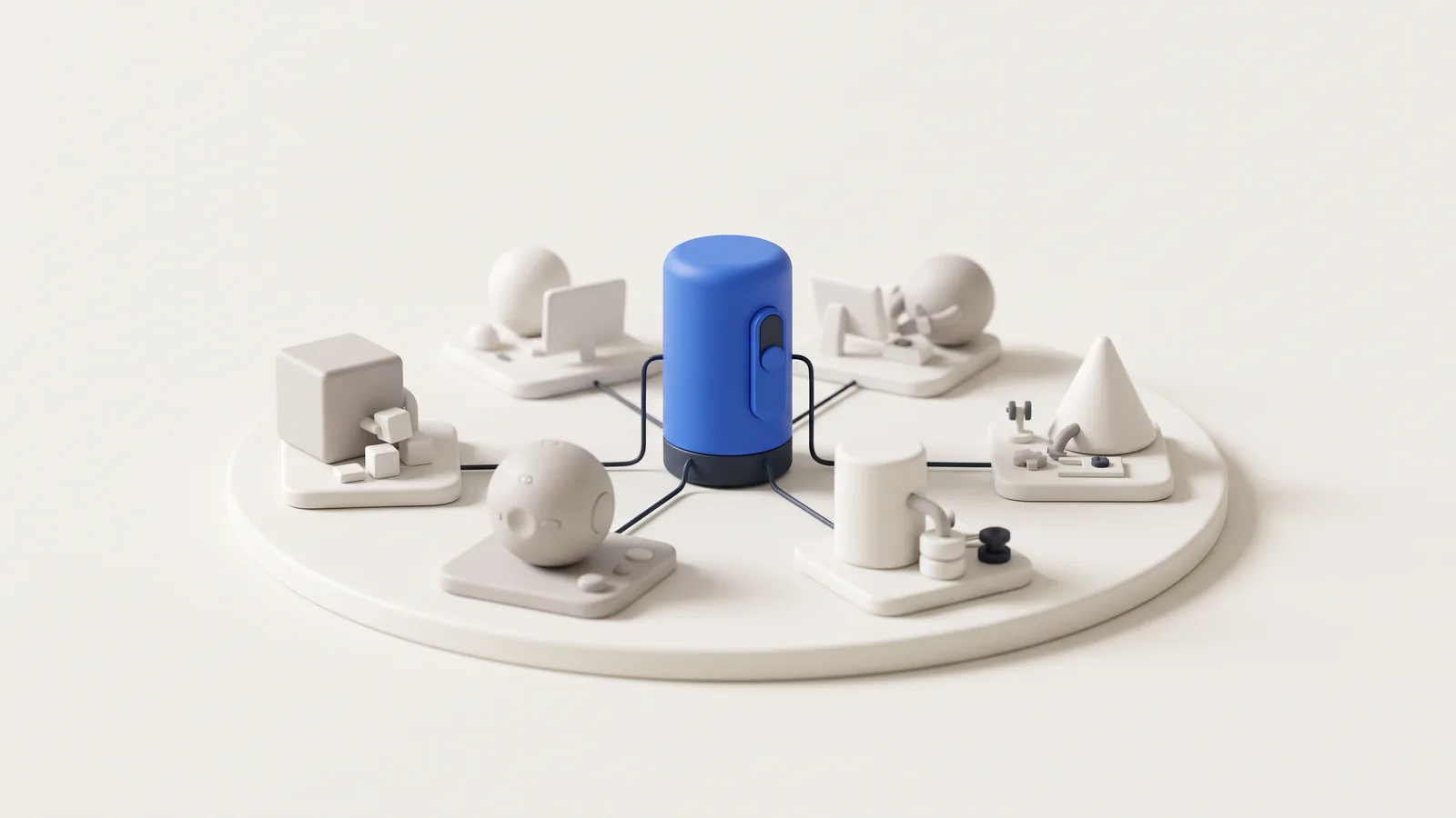 Illustration: small modules at work stations linked to a central coordinating module, representing an agency of AI agents