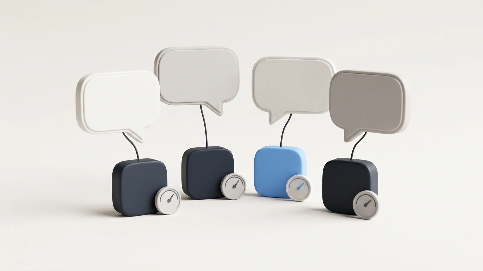 Illustration: four speech-bubble panels each wired to a block with a gauge, one block highlighted, representing tracking what each AI assistant says about a brand