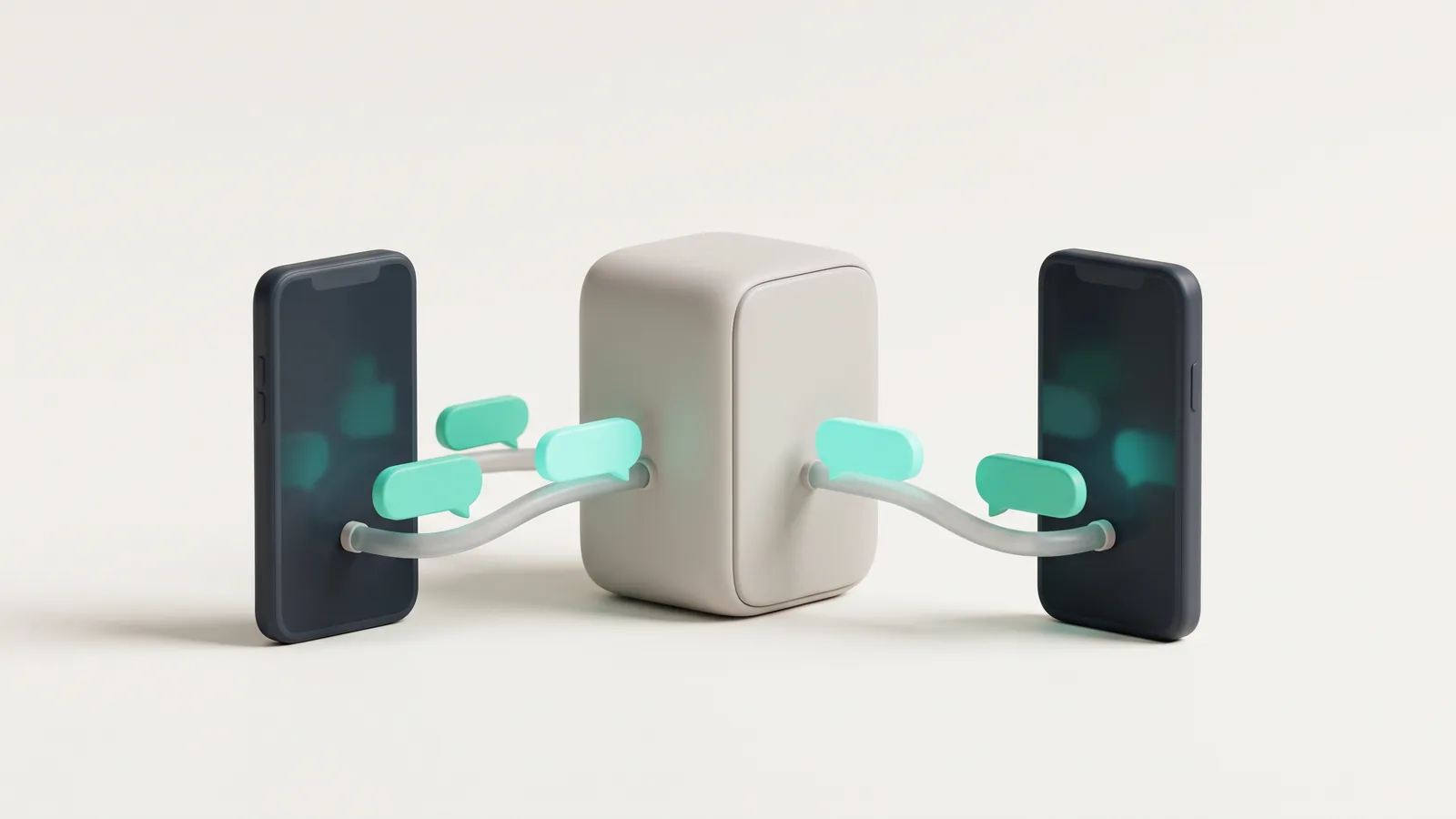Illustration: two phones connected through a server block with chat bubbles flowing between them, representing a messaging API
