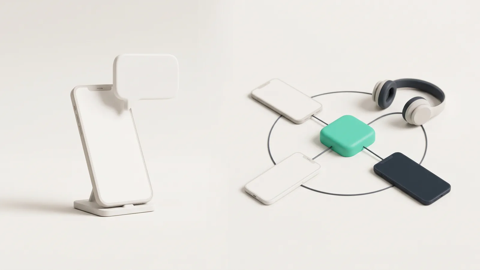 Illustration: one phone on a stand beside a hub connected to several phones and a headset, comparing the app with the API