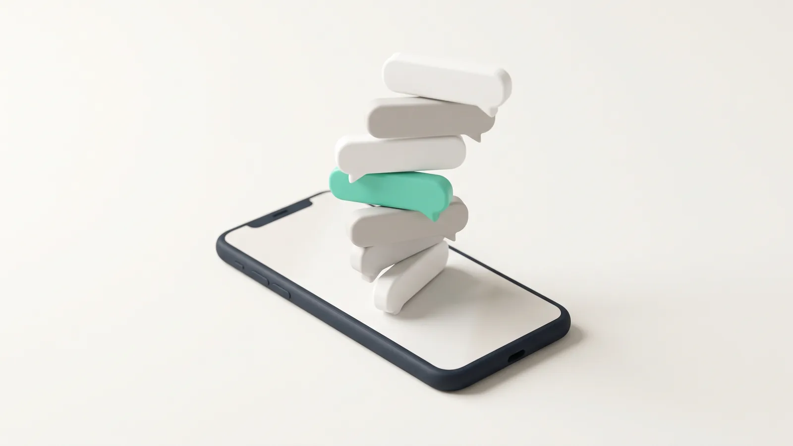 Illustration: a smartphone with a spiral of chat bubbles rising from its screen, representing a chatbot conversation