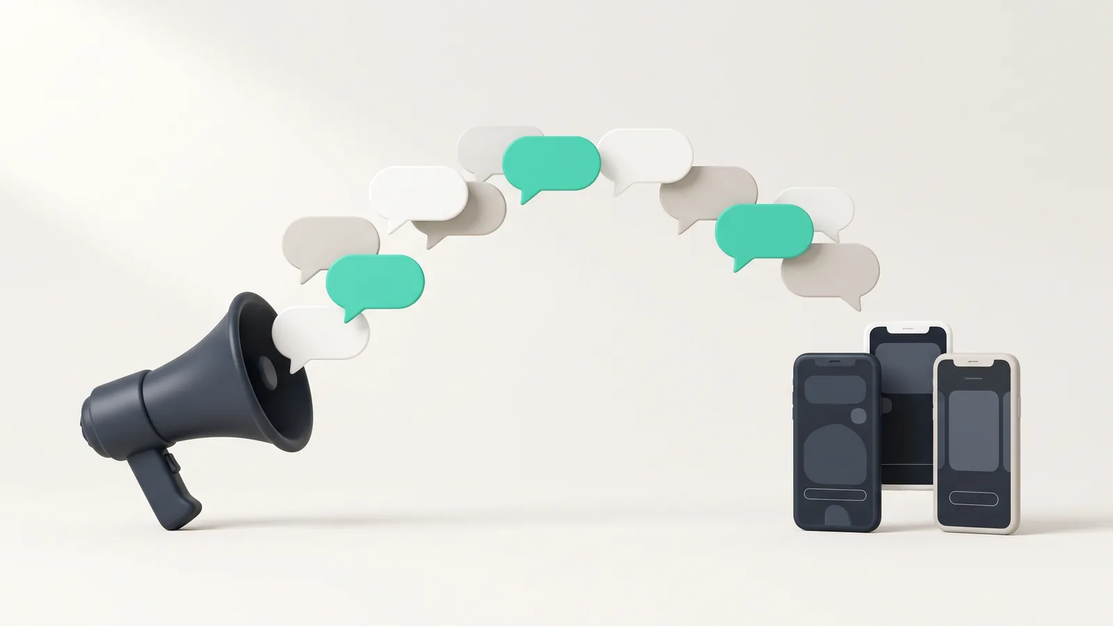 Illustration: a megaphone sending chat bubbles towards a group of smartphones, representing messaging campaigns