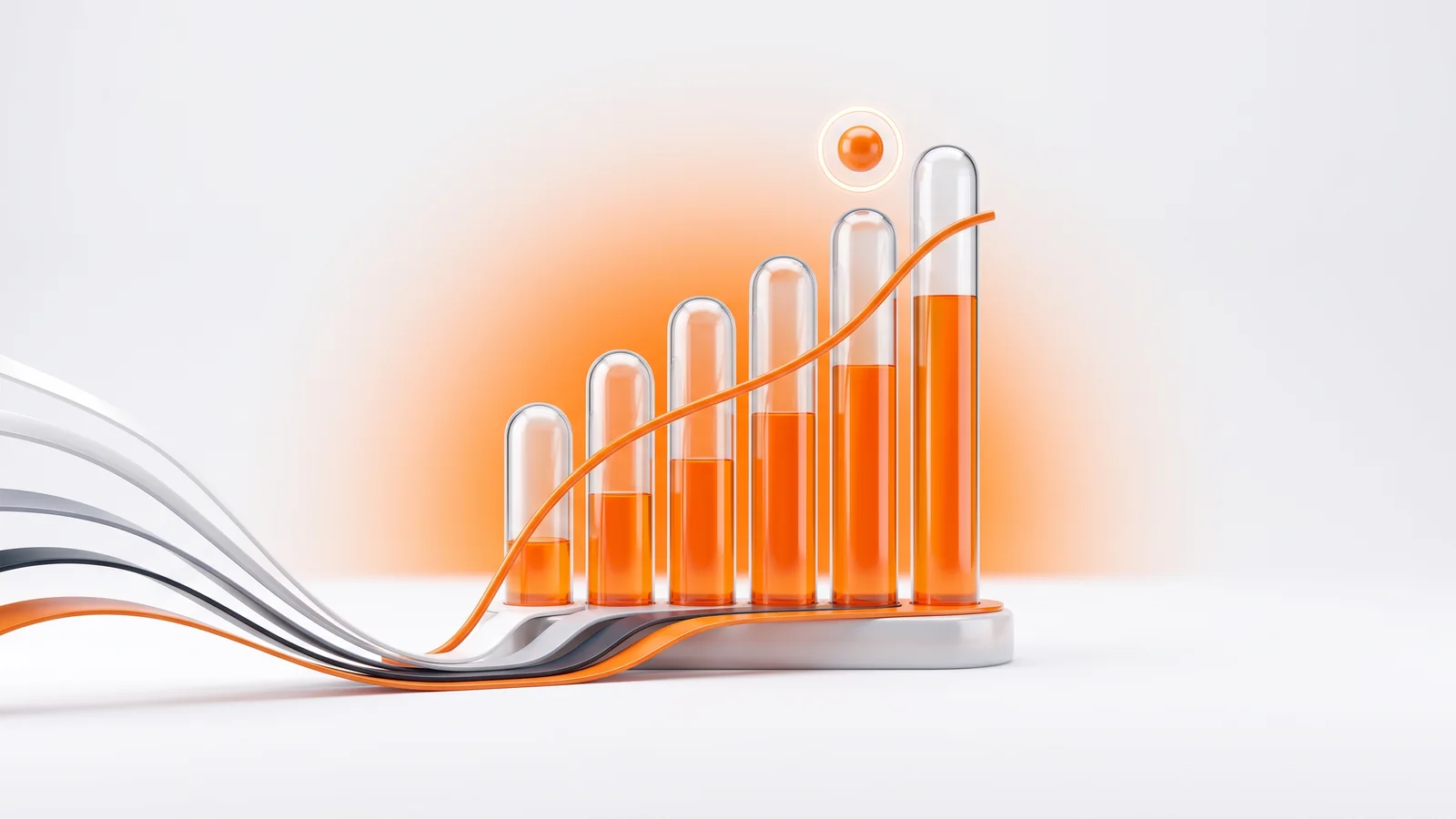 Four data ribbons flowing into a glass bar chart filled with orange light, one point flagged by a glowing ring