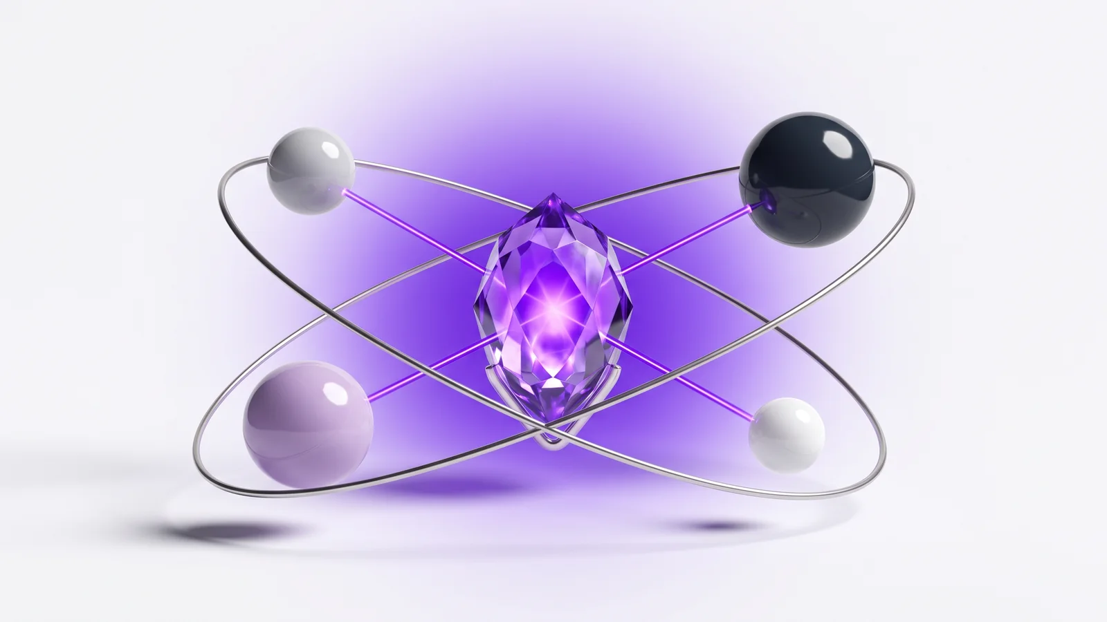 Four spheres on orbit rings, each sending a beam of violet light to one glowing crystal at the centre