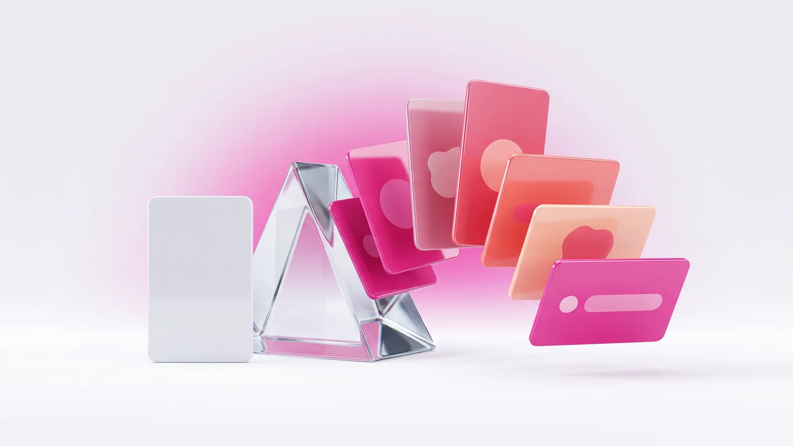 A blank card passing through a glass prism and fanning out into pink ad cards in many formats