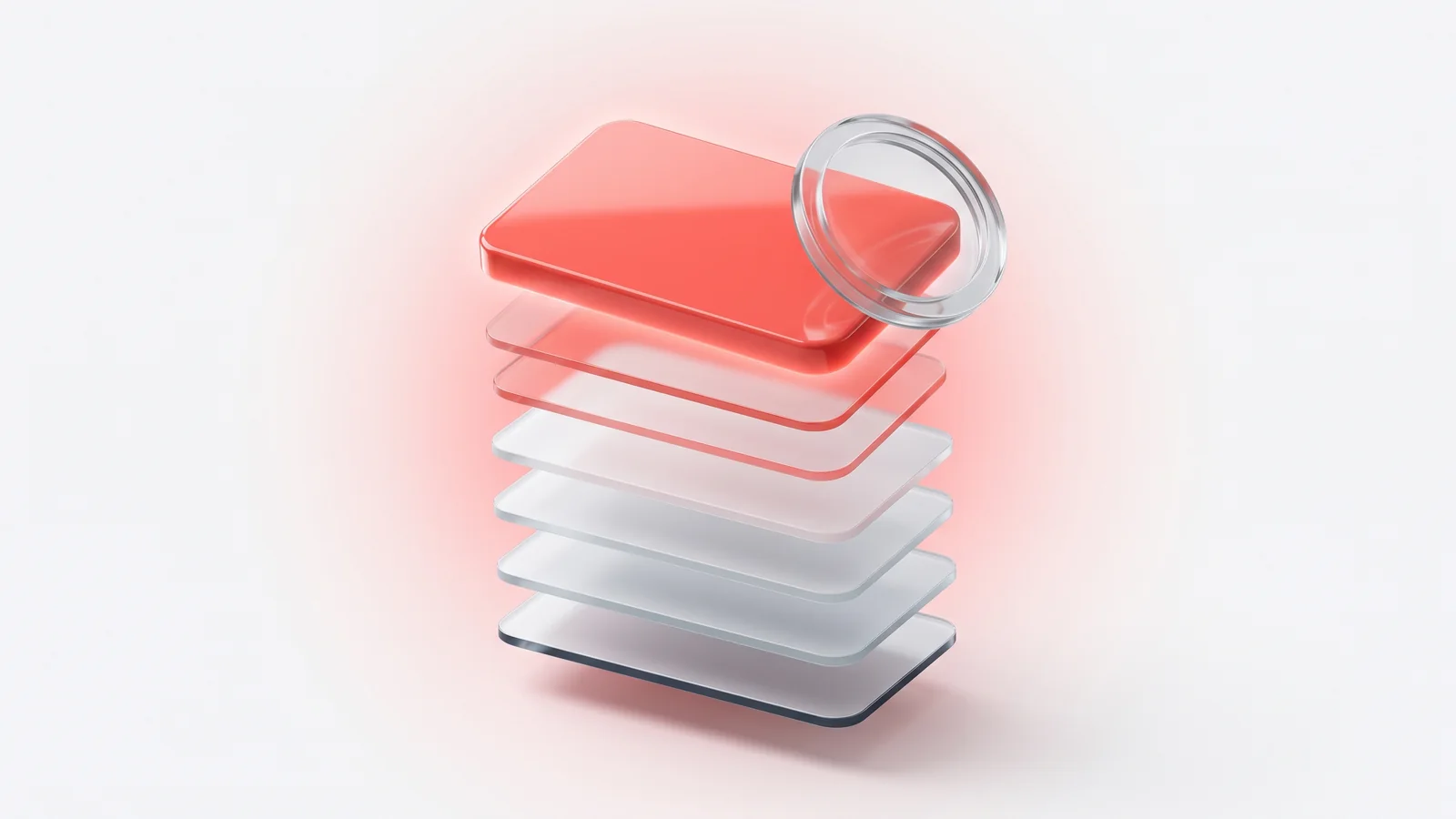 A stack of search-result slabs with one coral red slab risen to the top beside a magnifying lens